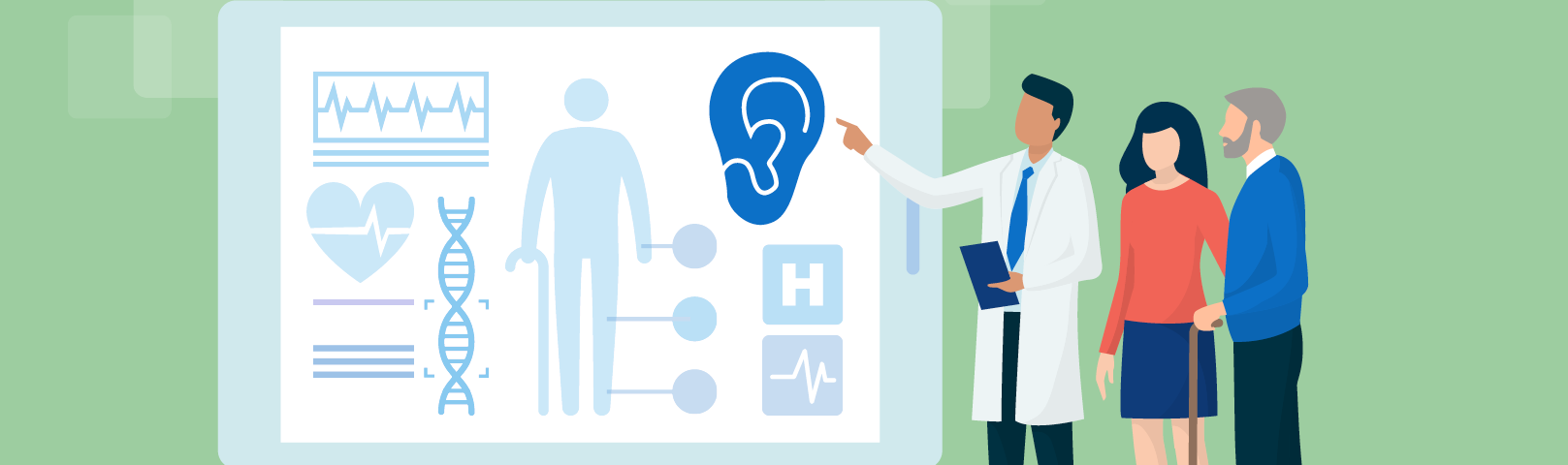 Illustration of doctor pointing to a diagram of the ear