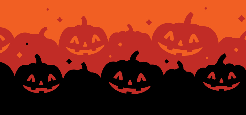 A group of carved, smiling jack-o'-lantern silhouettes gathered against a vibrant orange Halloween backdrop